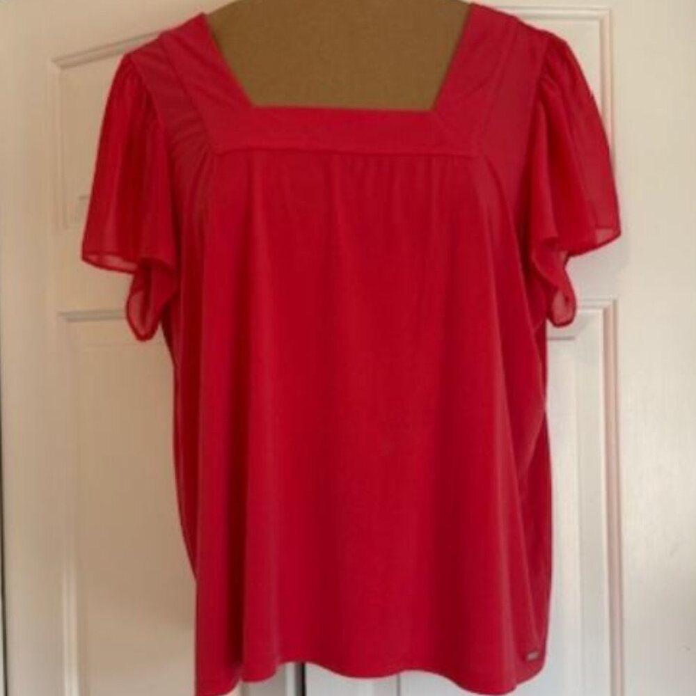 Solid Knit Square Neck Flutter Sleeve Top